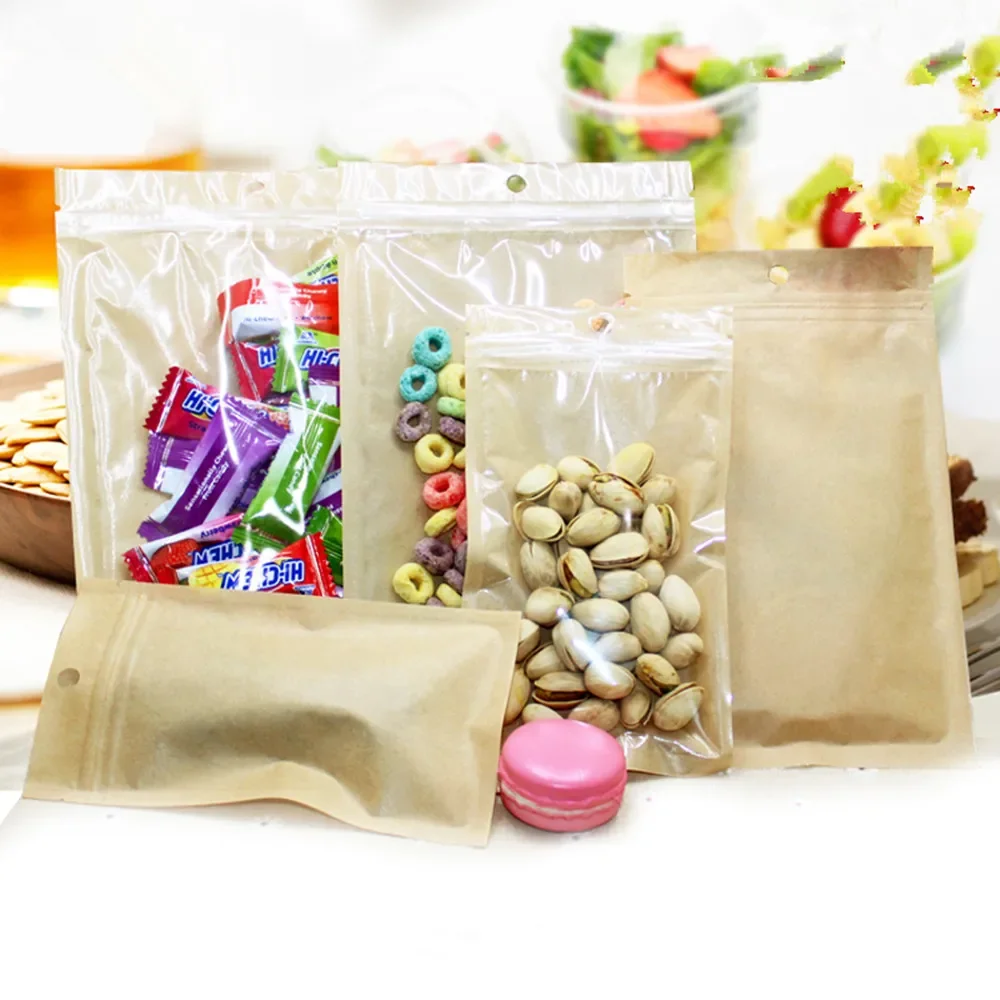 

100Pcs/Lot New Style Zipper Top Plastic Bag Kraft Paper Pouch With Clear Window For Dried Food Nuts Candy Party Gift Package