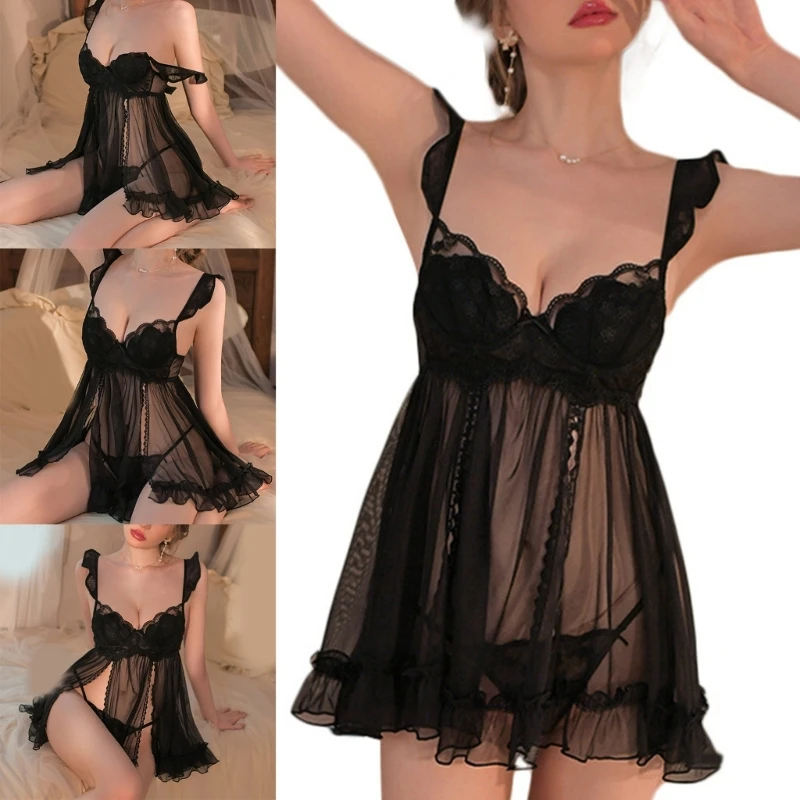 

2023 New Lingerie for Women Lace Babydoll Spaghetti Straps Chemise Split Nightgown Sexy Sleepwear Nightdress with Panty Gifts