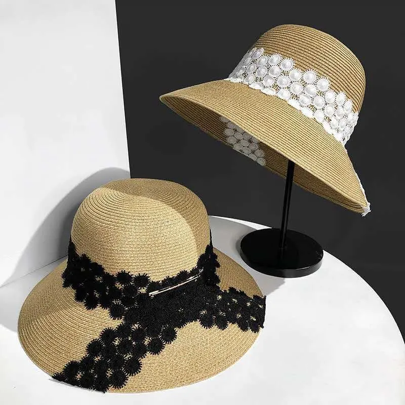 

New Lace Flower Panama Simple Straw Hat Summer Women's Big Brim Jazz Sun Cap Leisure Travel Outdoor Vacation Beach Chapeau