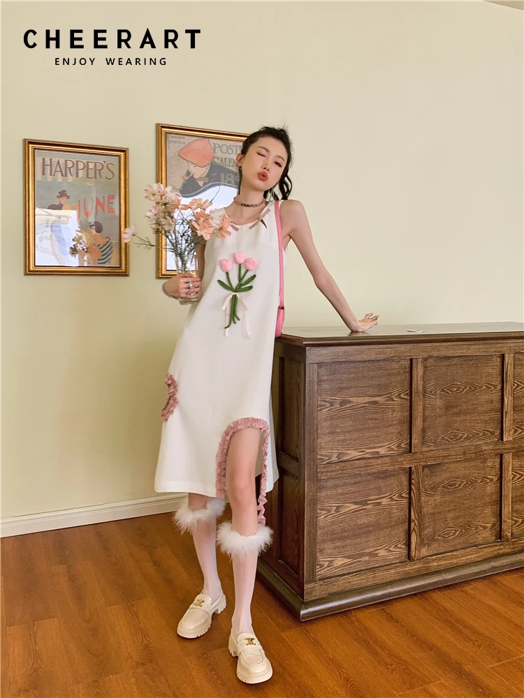 

Дизайнерское белое платье CHEERART с тюльпаном без рукавов, асимметричное летнее платье с цветочным узором, 2023
