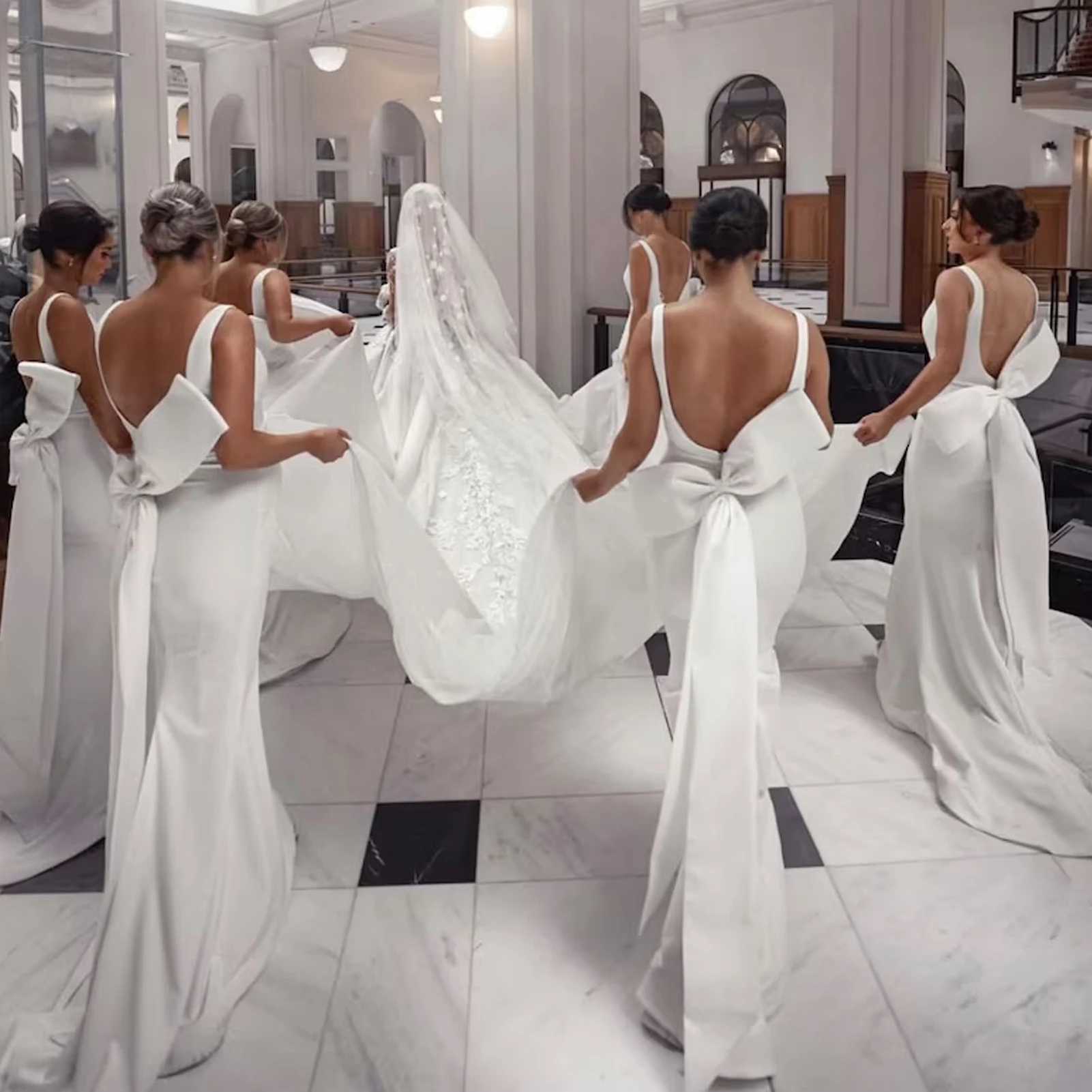 Simple Sheath Satin 2023 Bridesmaids Dress With Bow Elegant Backless Sleeveless V-Neck Wedding Party Dresses Off Shoulder Train
Simple Sheath Satin 2023 Bridesmaids Dress With Bow Elegant Backless Sleeveless V-Neck Wedding Party Dresses Off Shoulder Train