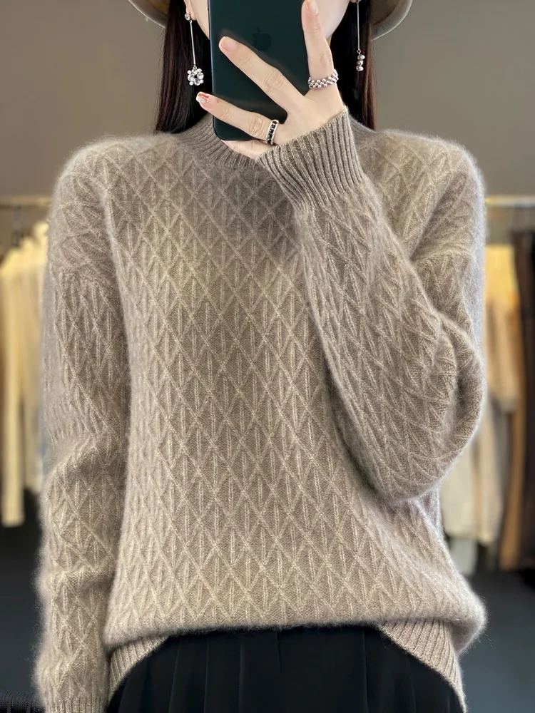 

Autumn Winter Women Mock Neck Diamond Lattice Pullover Thickening Sweater 100% Merino Wool Clothing Cashmere Knitwear Female Top