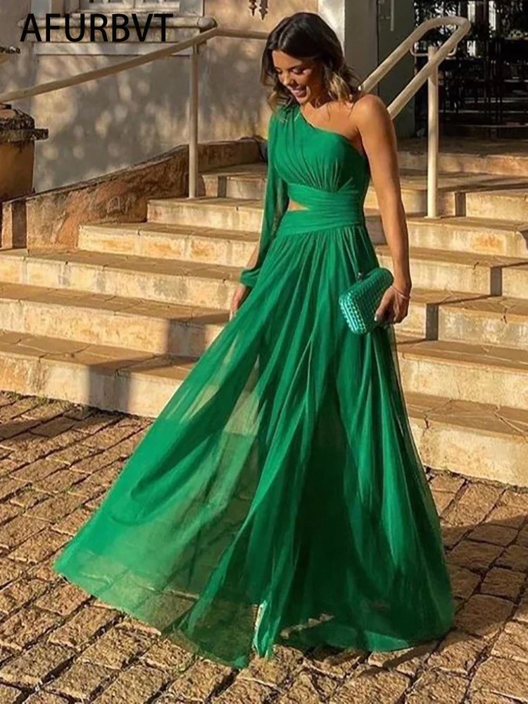 

Green Color Women Shinnign Satin Sexy One Shoulder Hollow Out Bodycon Long Dress Fashion Celebrate Cocktail Maxi Party Dress