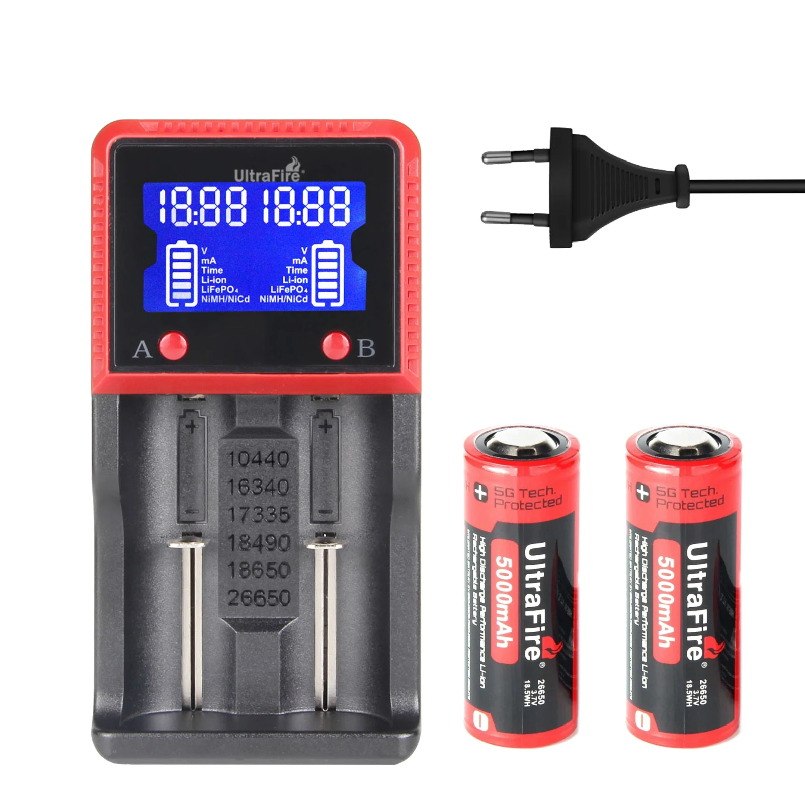 UltraFire 26650 5000mAh High Capacity Lithium Batteries 3.7V Li-ion Rechargeable Battery for Flashlight Battery+H2 EU/US Charger
UltraFire 26650 5000mAh High Capacity Lithium Batteries 3.7V Li-ion Rechargeable Battery for Flashlight Battery+H2 EU/US Charger