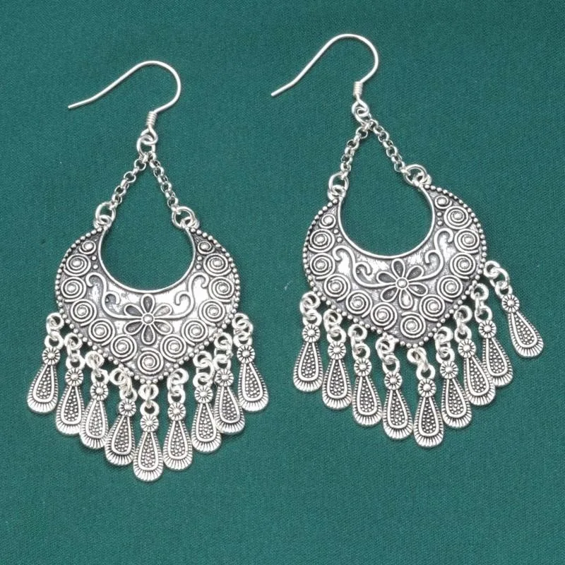

925 Sterling Silver Heart Small Flower Drop Earrings Vintage Ethnic Thai Silver Long Tassel Earrings Jewelry for Women EH227