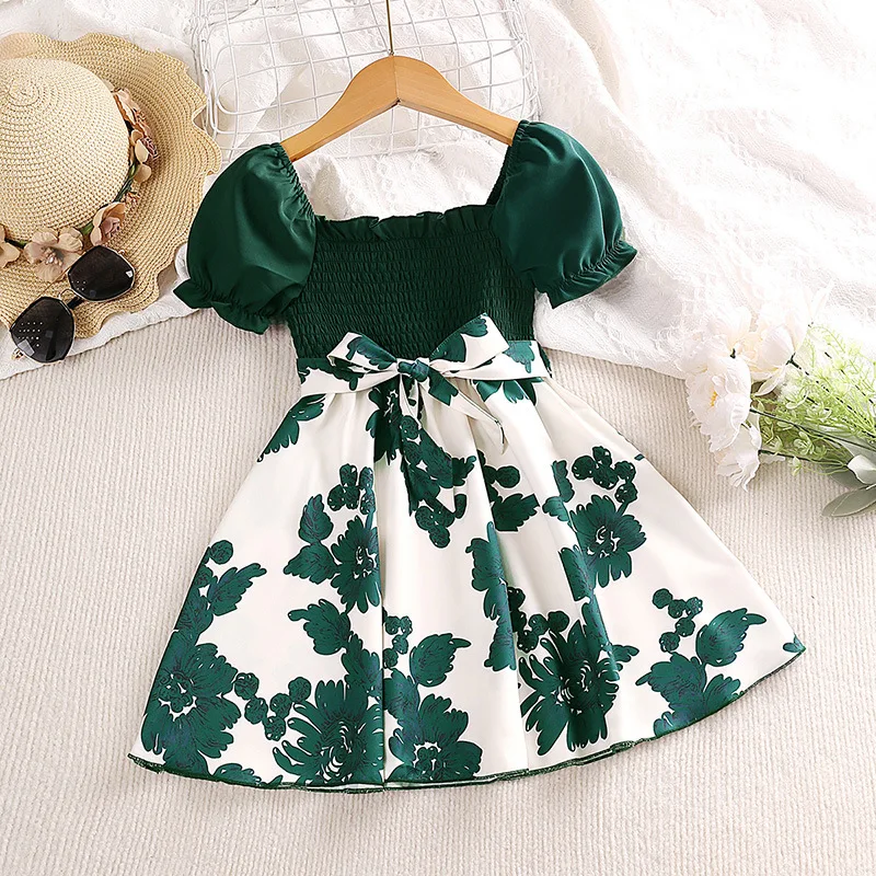 

Summer 2023 New Arrivals Girls Short Sleeve Ruched Sashes Leaves Green Roupa Infantil Menina Cute Party Dress Custume 4-7T