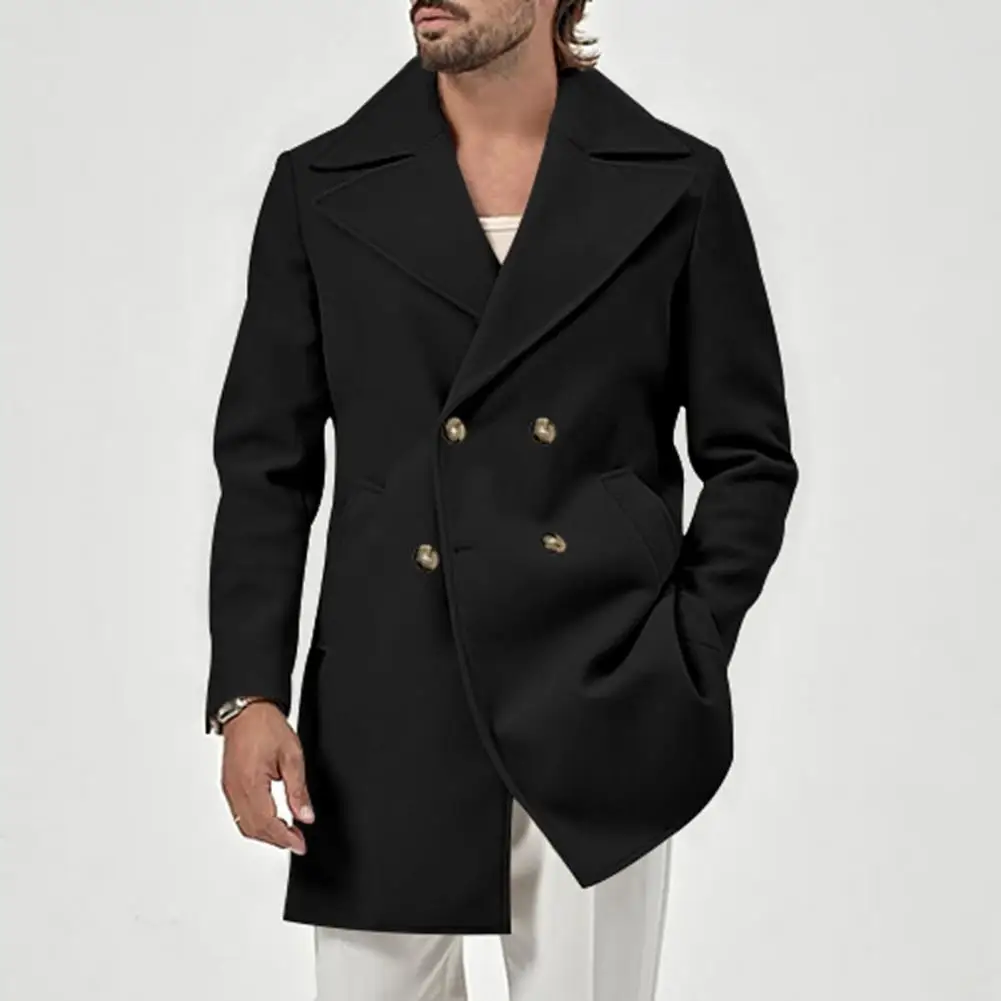 

Официальное стандартное мужское двубортное пальто средней длины с теплыми карманами однотонное плотное зимнее пальто свободного покроя для осени