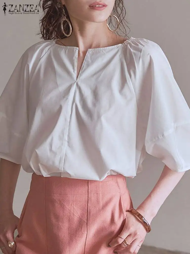 

ZANZEA Elegant V Neck Solid Shirt Women Lantern 3/4 Sleeve Blouse 2024 Summer Korean Fashion Blusa Casual Loose Female Top Tunic