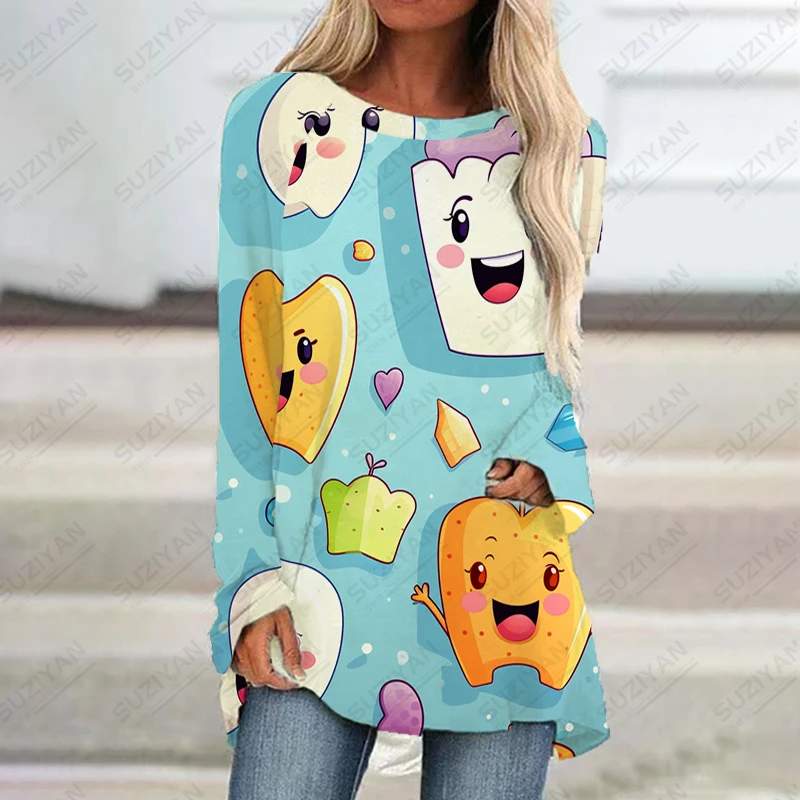 Простое свободное платье на весну и осень, повседневное уличное платье с круглым вырезом и длинными рукавами, забавное креативное платье с 3d принтом зубов 
Простое свободное платье на весну и осень, повседневное уличное платье с круглым вырезом и длинными рукавами, забавное креативное платье с 3d принтом зубов