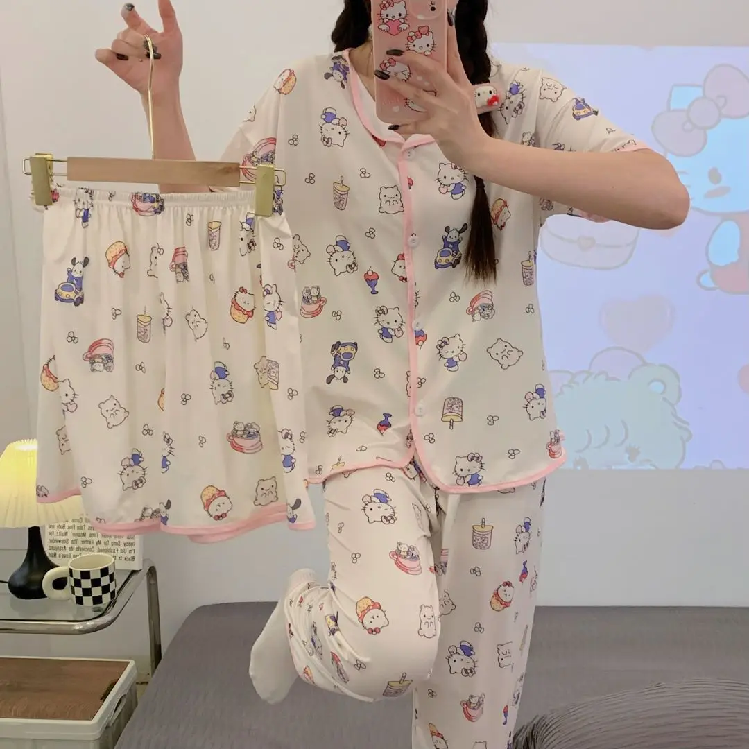 

Новинка кавайная женская пижама Sanrio Комплект из трех предметов с героями мультфильмов Hello Kitty шорты с коротким рукавом летние мягкие дышащие подарки для девушек
