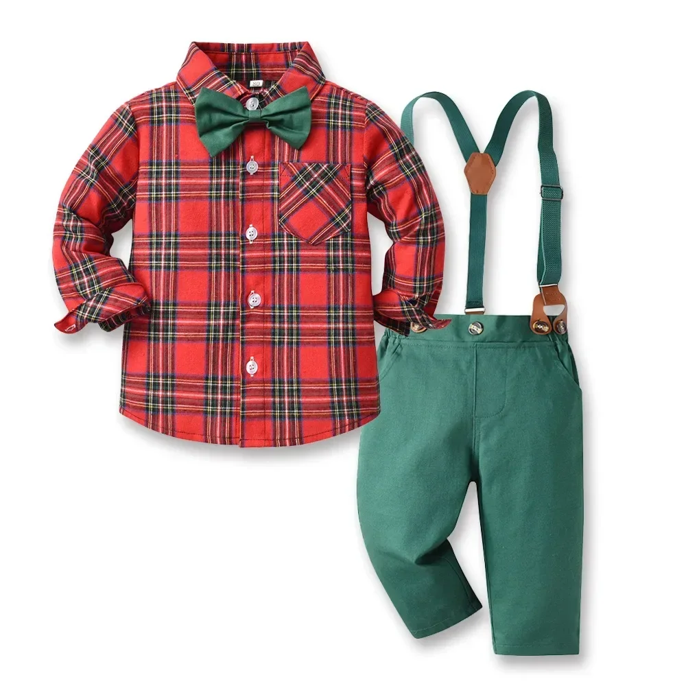 

Boys' Set New Children's Christmas Gentlemen Dress Long Sleeve Plaid Shirt Autumn Winter Green Strap Pants Kid Boutique Outfits