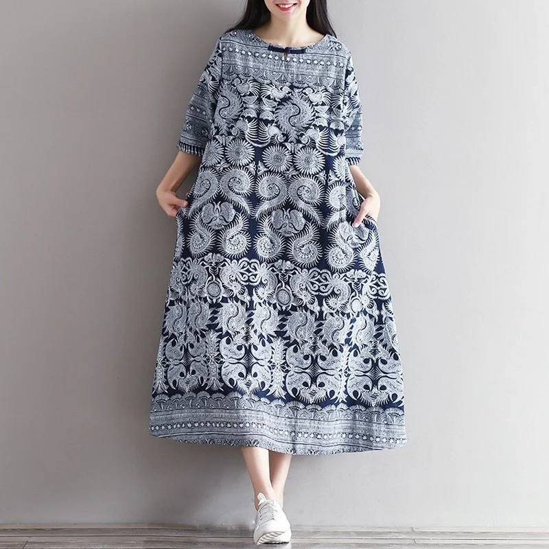 Women Long Dress Spring Fall Mori Girl Female Robe Vintage Print Split Dresss Femininos Half Sleeve Cotton Linen Gown
Women Long Dress Spring Fall Mori Girl Female Robe Vintage Print Split Dresss Femininos Half Sleeve Cotton Linen Gown