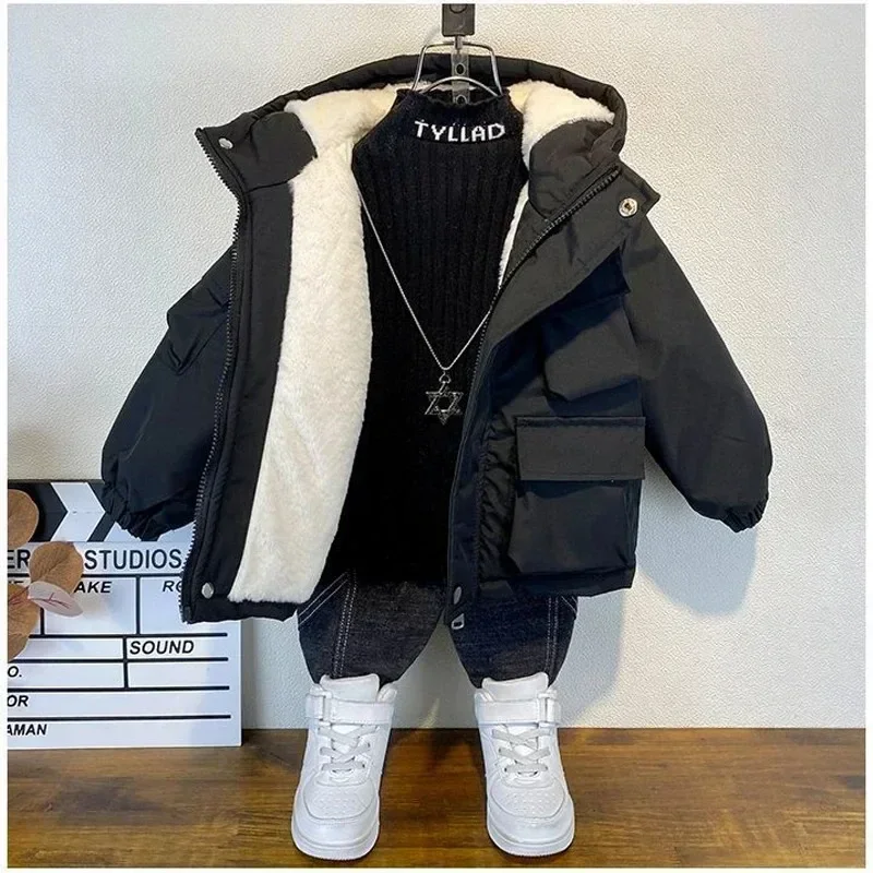 

New Winter Down Cotton Jacket Boys Black Hooded Coat Children Outerwear Clothing Teenage 3-8Y Kids Parka Padded Snowsuit