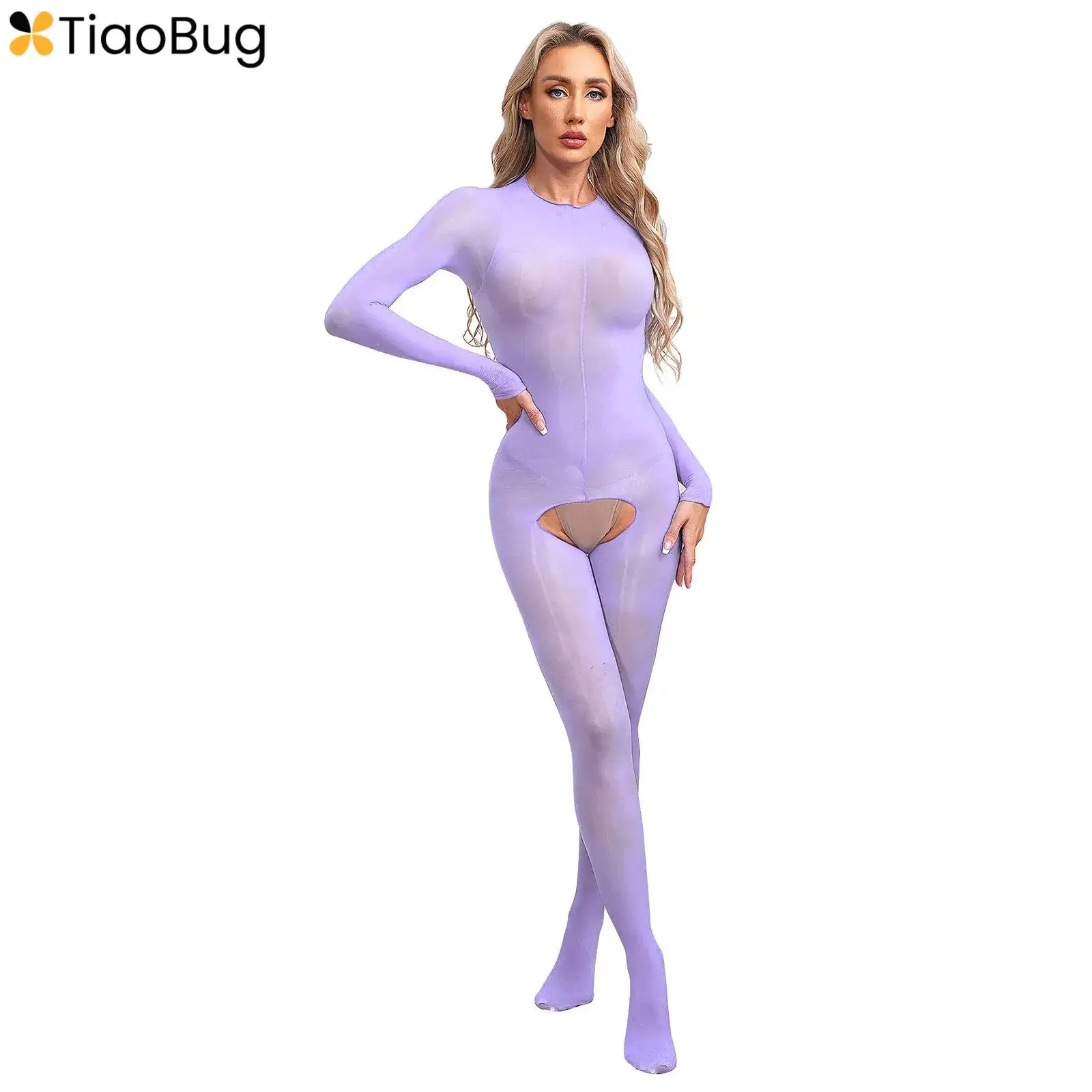 

Women's Oil Glossy Long Sleeve Bodysuit Sexy Jumpsuit Bodystocking Bodycon One-piece Body Tights Pantyhose Pole Dance Clubwear