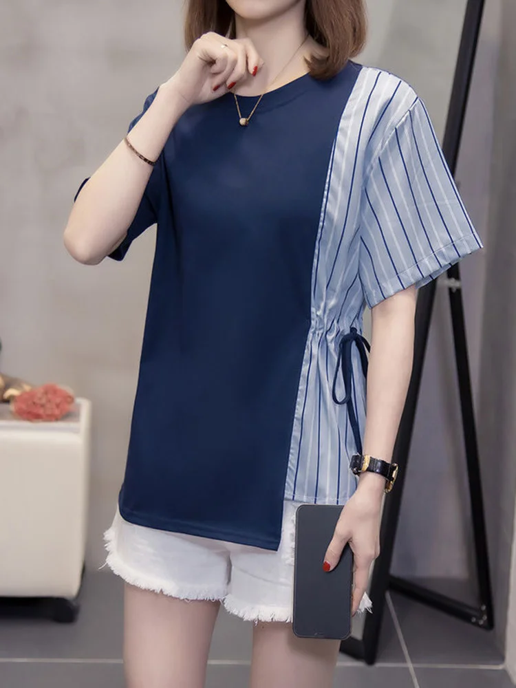 

Oversize XL-4XL T-shirt Draw String Striped Patchwork Women Summer Clothing Irregular Short Sleeve Large Tshirt Loose Chic Tops