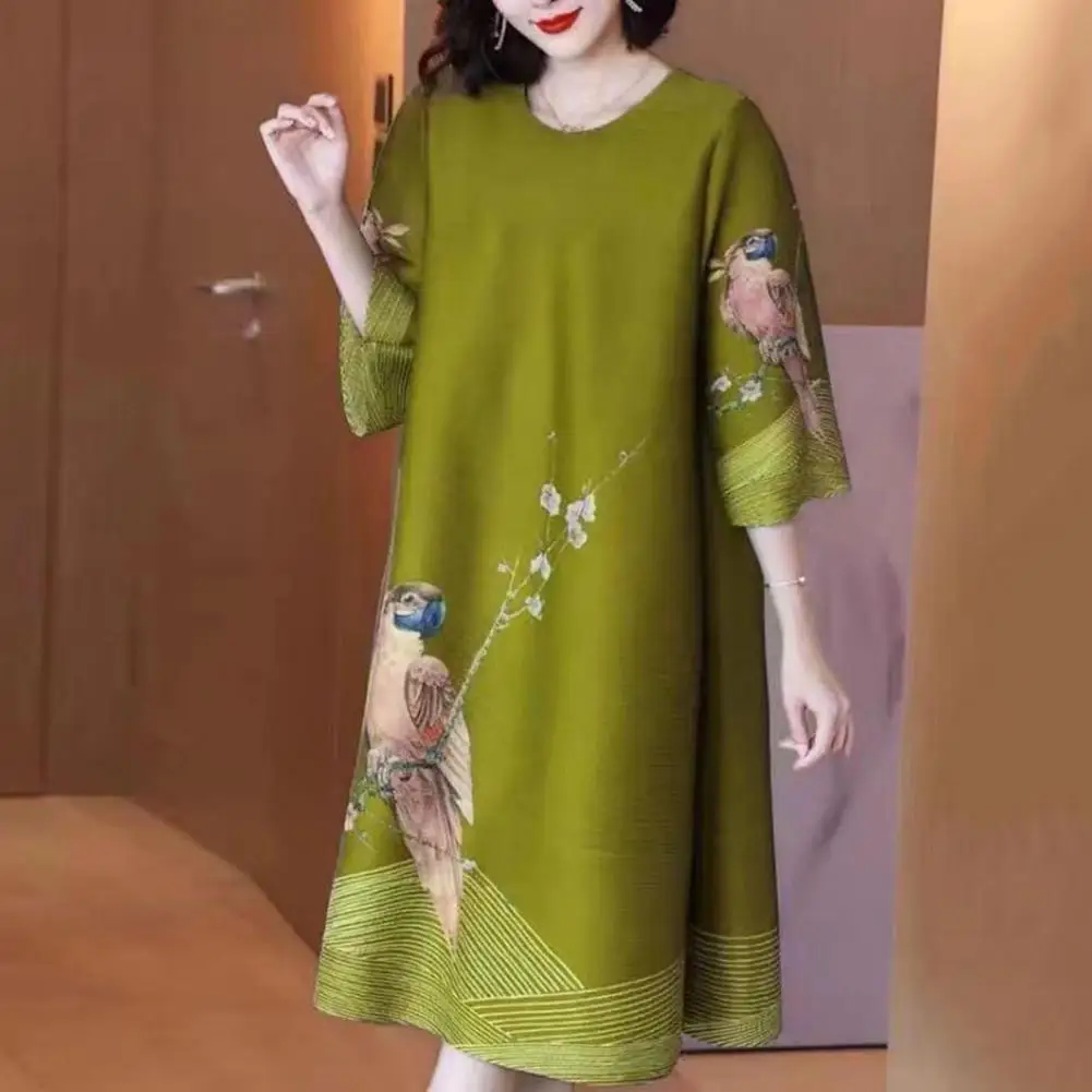 

Lady Loose Dress Stylish Parrot Print Midi Dress for Women Retro Three Quarter Sleeve Office Party Dress Loose Fit Knee Length