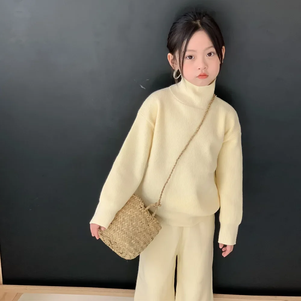 

Girls Clothes Turtleneck Wool Suit 2023 Winter New Korean Style Childrens Clothing Solid Color Warm Knit Fashion Two-piece Set