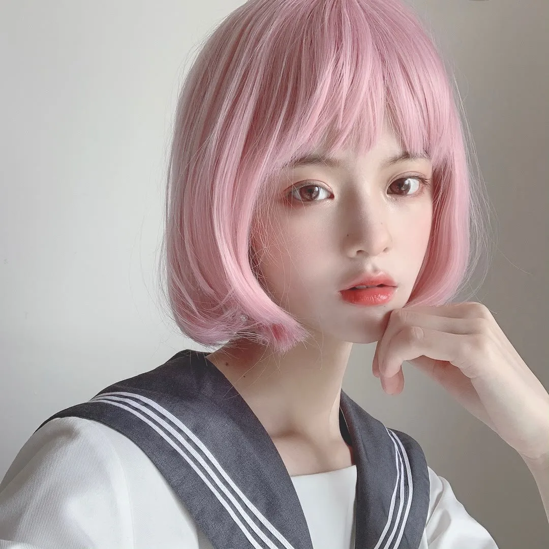 

Wig female short straight hair bobo hairstyle natural face shaving pink fluffy student air bangs whole top full wigs