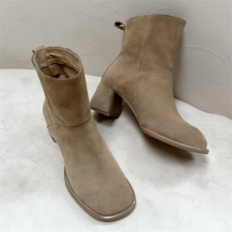 

Осень 2023, женские замшевые ботинки из коровьей кожи, ботинки с квадратным носком на массивном каблуке для женщин, модные короткие ботинки, зимние ботинки, женские ботинки в западном стиле