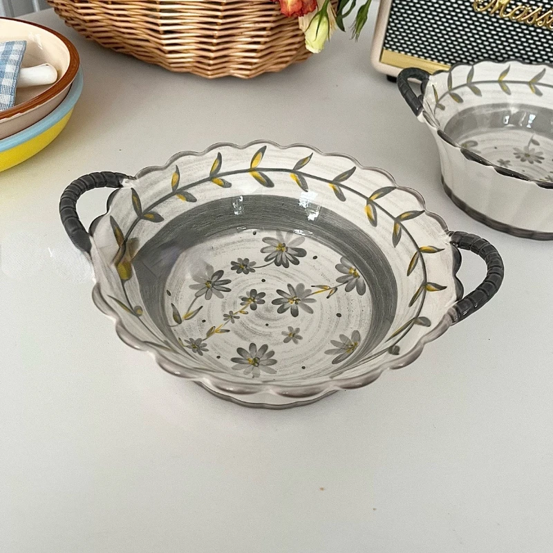 

Hand-painted vintage vine daisy binaural lace ceramic bowl ins Korean cute dessert household high-value bowl.