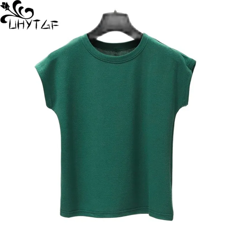 

UHYTGF Ice Silk Knitted Cotton Summer T-Shirt Women 2022 New O Neck Short-Sleeved Thin Top Pullover 3XL Loose Size Clothes 1978