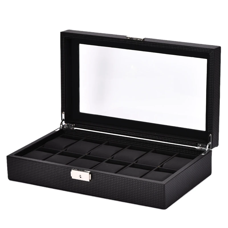 

12 Grid Watch Box Black Carbon Fiber Outer PU Leather Inner Pillow Case Storage Storage Box Watch Bracket