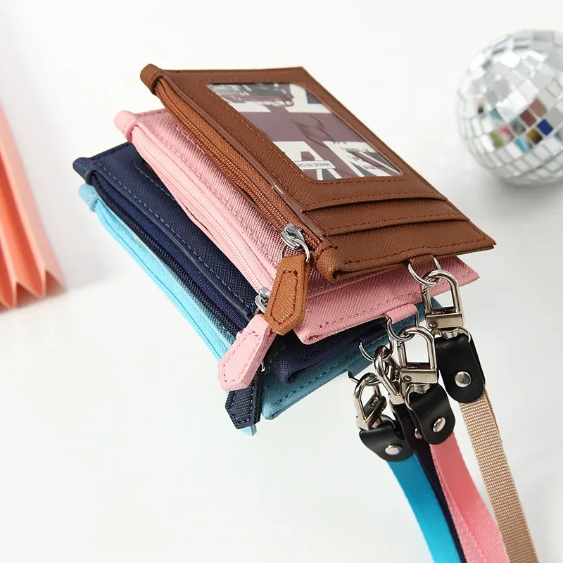 

1pcs Solid Color Card Bags with Lanyard Students Bus ID Credit Card Holder Money Coin Pouch PU Leather Multi-card Bit Card Case
