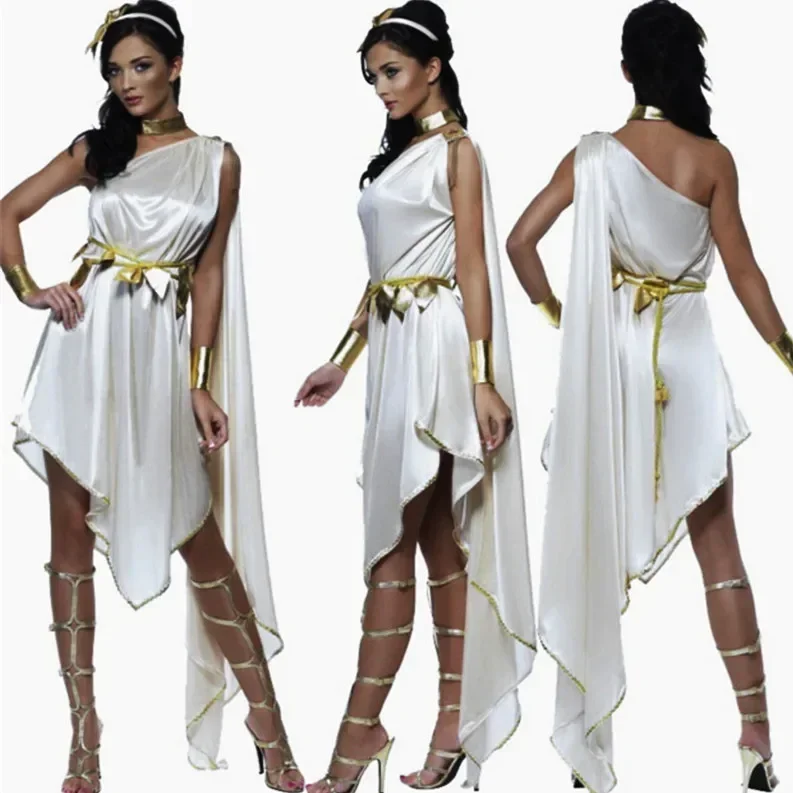 

Halloween Costumes for Women's Ancient Greek Goddess Athena Costume With Headwear Fantasia Roman Robe Princess Cosplay Clothing