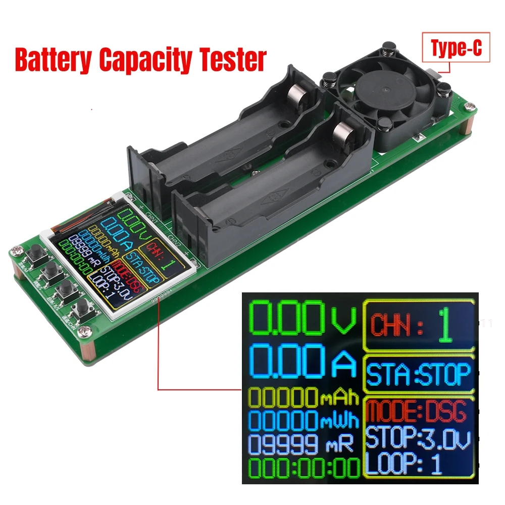 

18650 Lithium Battery Capacity Tester 2CH Automatic Internal Resistance Tester Battery Power Detector Module Type-C Interface