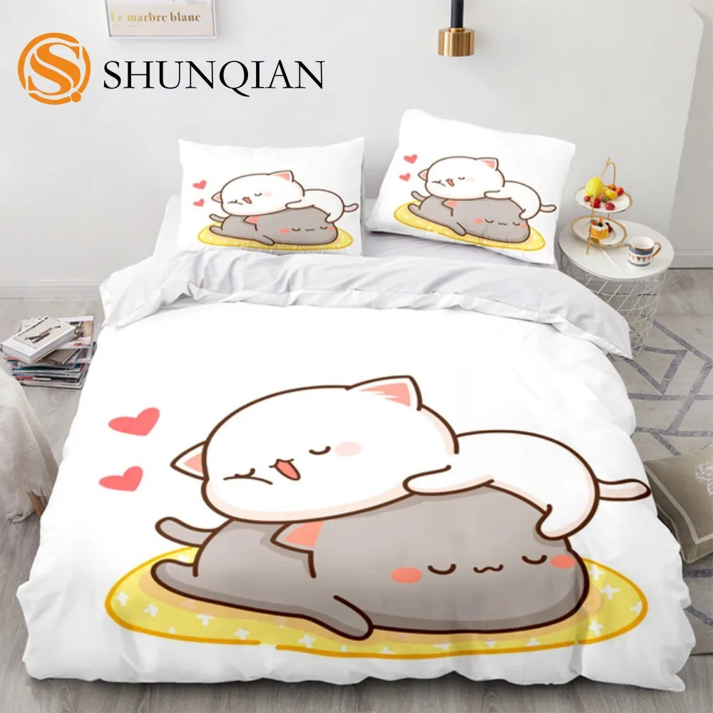 

Lovely Peach Cat Bedding Set Cartoon Comforter Sets Double Duvet Cover Set Kids Girls White Bed Polyester Quilt Cover