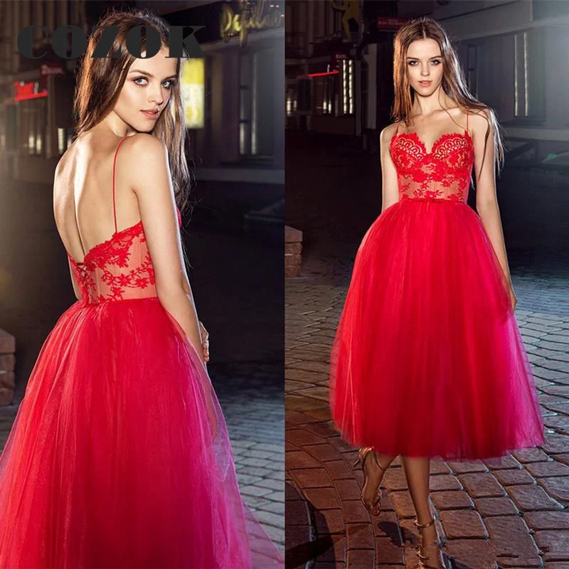 

Red Tulle Appliques Tea Length Short Prom Dresses A Line Spaghetti Lace Sexy Cocktail Party Gowns Vestido De Gala Custom LF18M