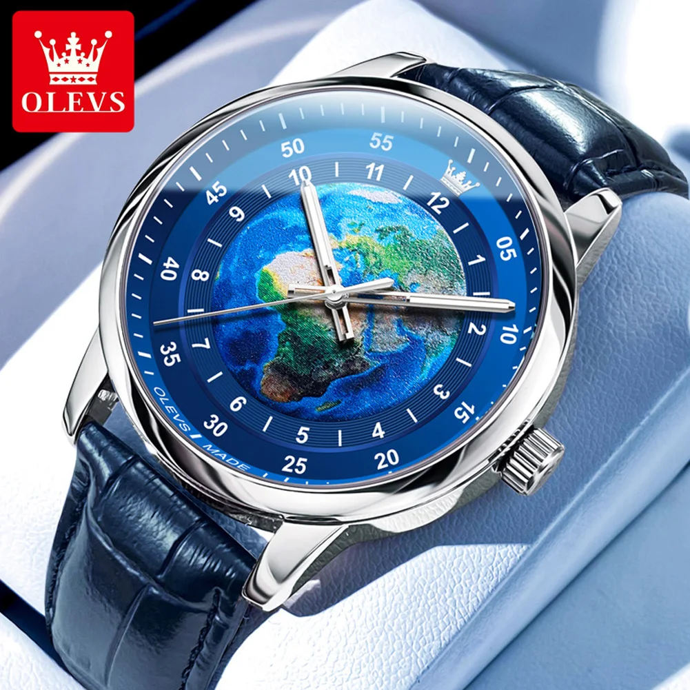 

OLEVS Quartz Men's Watch Fashion Casual Leather Strap Luxury Brand Earth Element Design Blue Planet Dial Waterproof Men's Watch