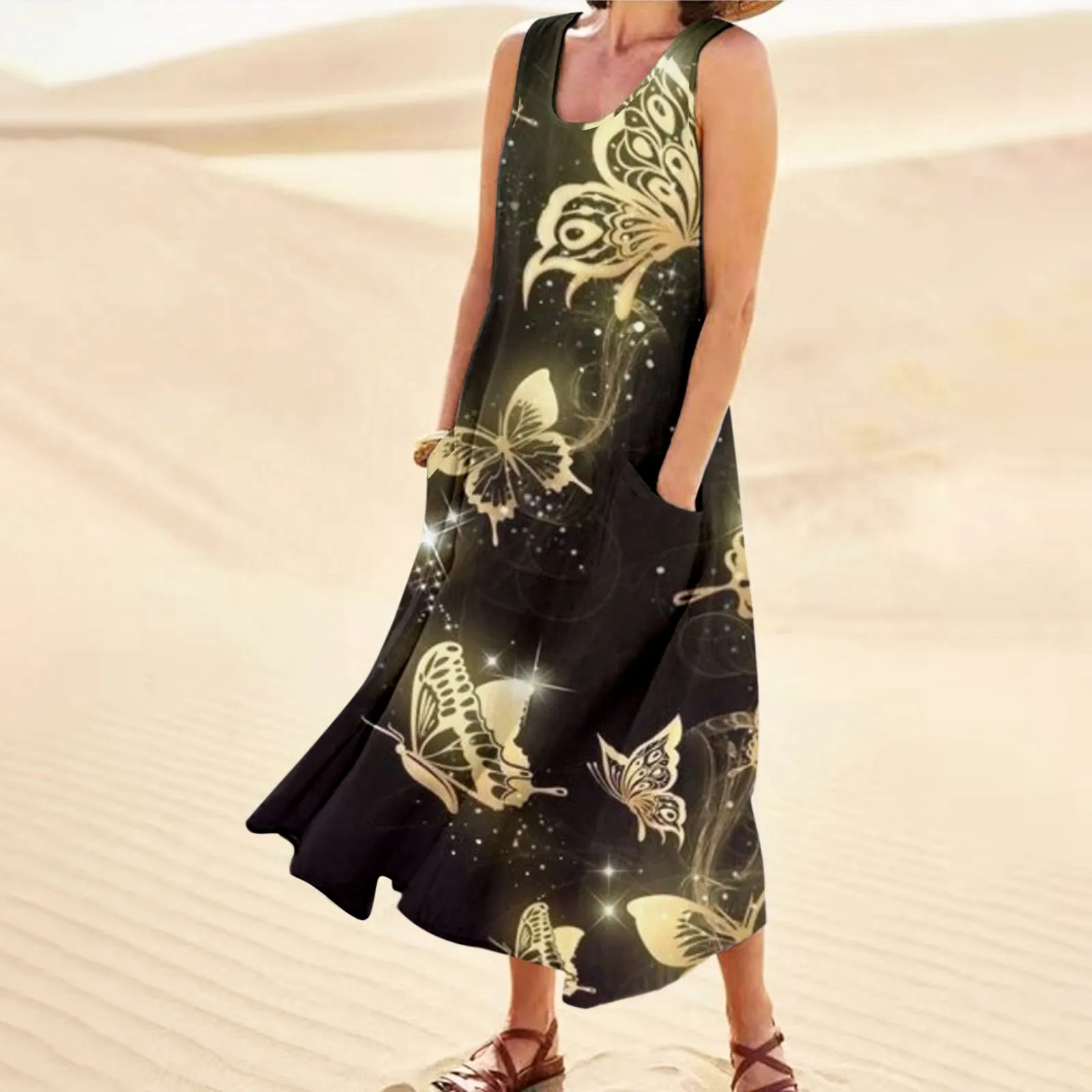 Womens Elegant Printed Round Neck Pockets Casual Long Dress Daily Tank Dress Ladies Dresses Summer Casual 
Womens Elegant Printed Round Neck Pockets Casual Long Dress Daily Tank Dress Ladies Dresses Summer Casual