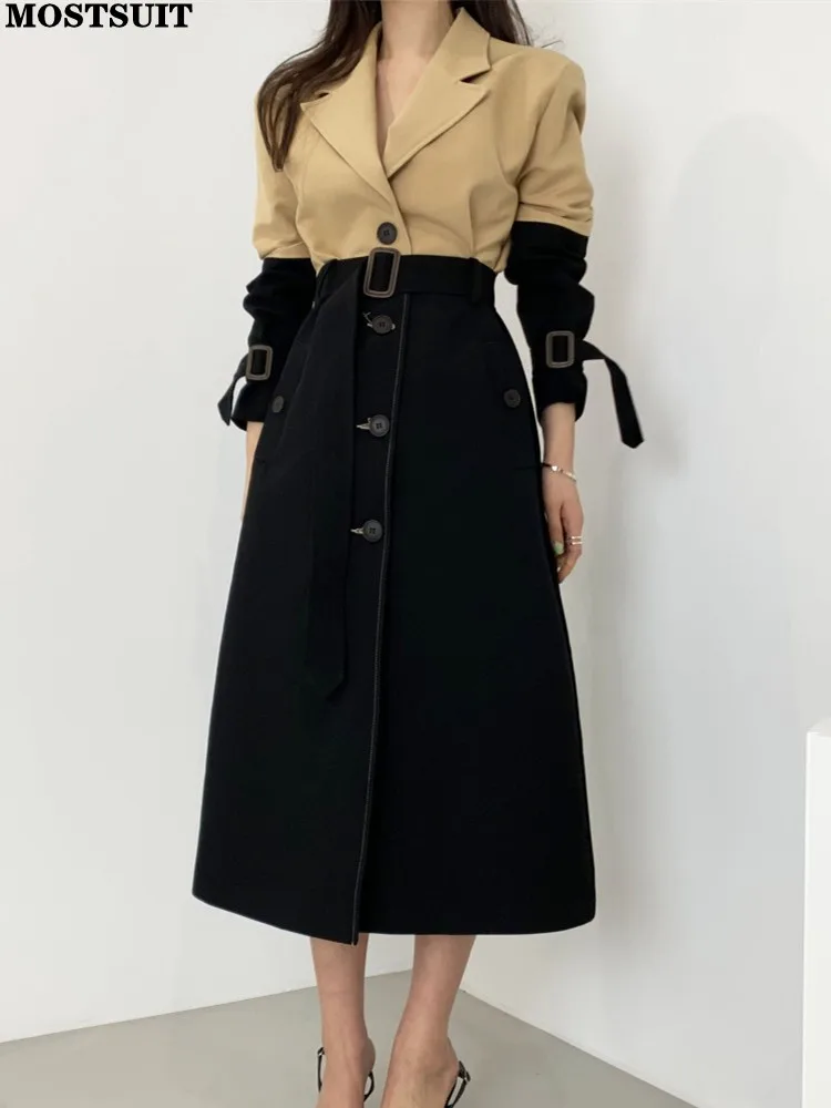 

Korean Workwear Long Trench Coat Women Color-blocked Single-breasted Full Sleeve Belted Coats Office Ladies Vintage Chic Outwear