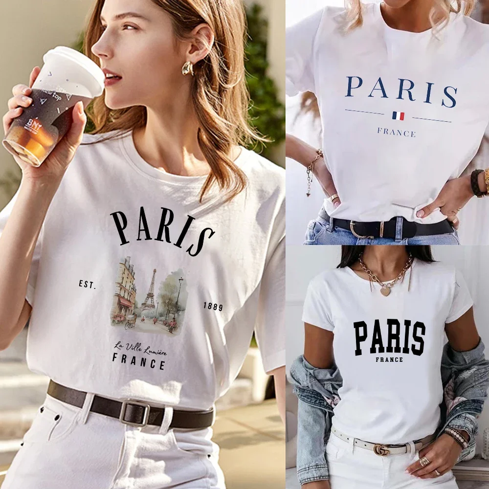

Women's Luxury T-Shirt Fashion Paris Print Tee Shirts Ladies Harajuku Y2K Short Sleeve Summer Pure Cotton Tops Female Streewear