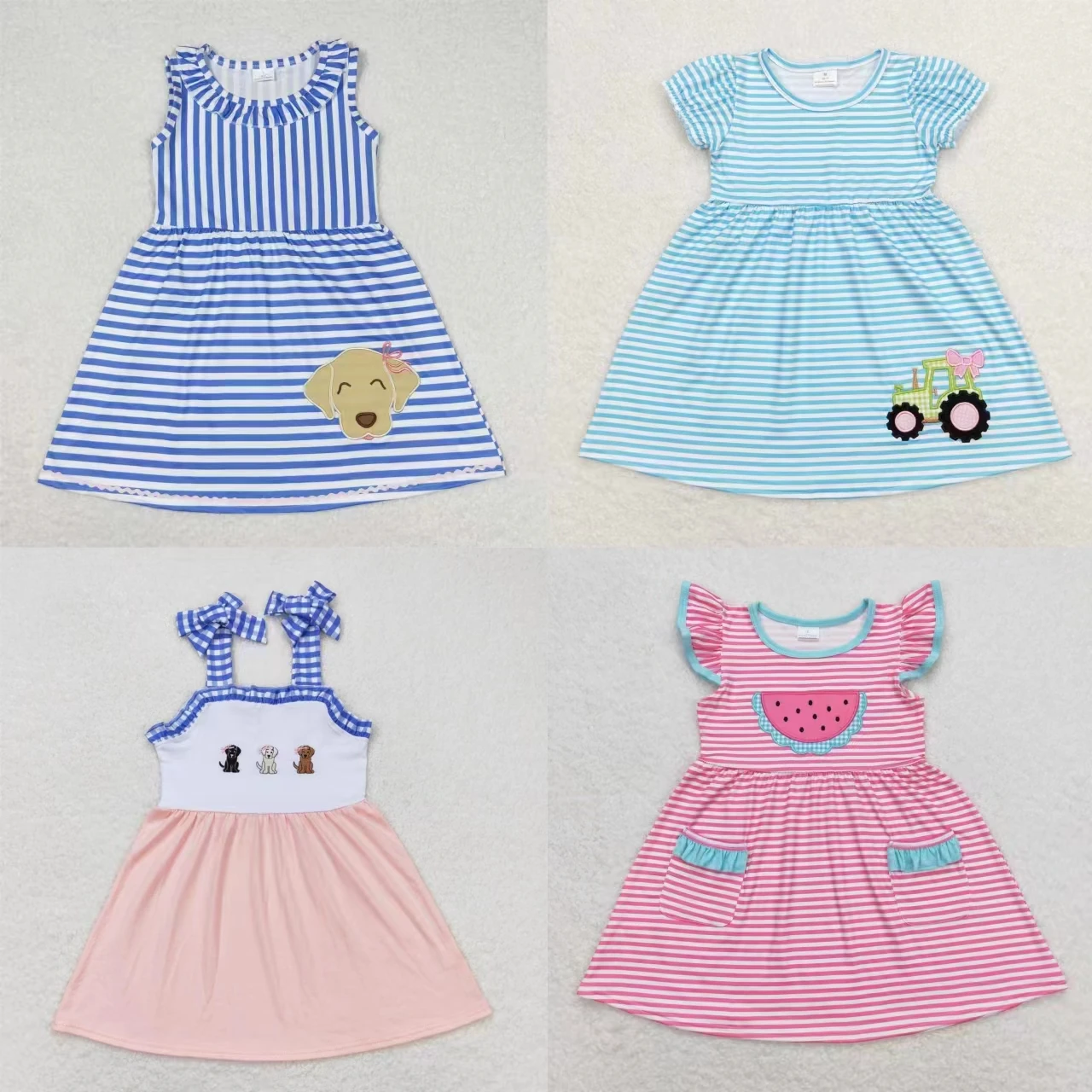 

Wholesale Baby Girl Embroidery Dog Watermelon Dress Toddler Infant Summer Kids Children Stripes One Piece