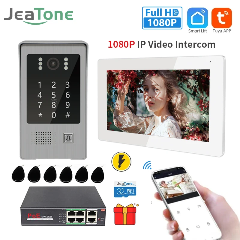 

Умный беспроводной IP-видеодомофон Jeatone Tuya 1080P, 7-дюймовый дверной звонок с POE, камера с Wi-Fi и инфракрасным ночным видением для домашней безопасности