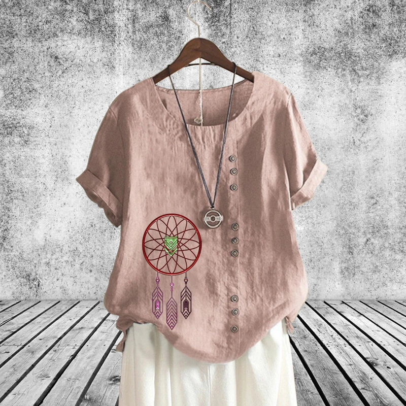 

New Summer Ladies Personality Dreamcatcher Graphic Blouse Loose Solid Color T-shirt Linen Round Neck Short Sleeve Top XS-5xl