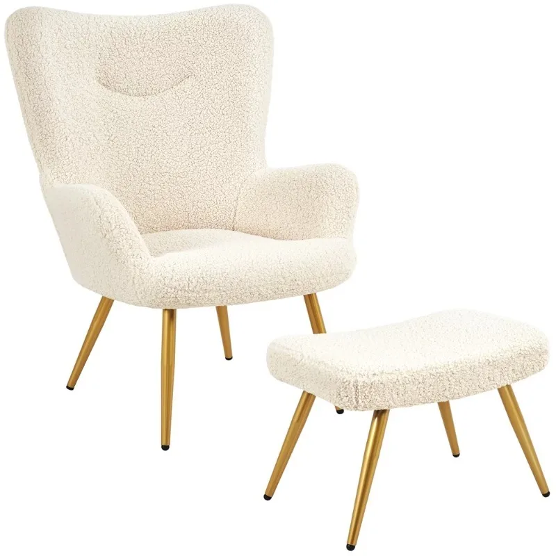 

Easyfashion Boucle Accent Chair and Ottoman Set with Golden Metal Legs for Living Room, Ivory