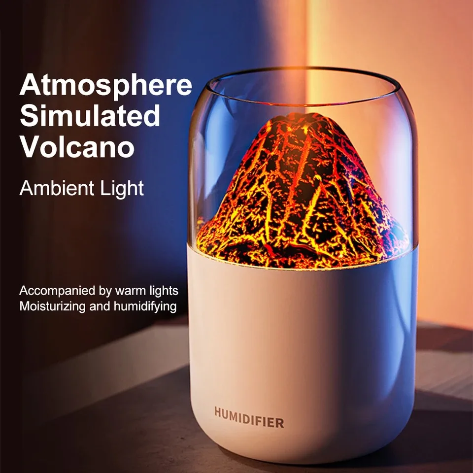 

USB Air Humidifier Volcano Style Colorful Night Light Ultrasonic Mist Maker 300ML Capacity Desktop Water Diffuser 35ML/H Sprayer