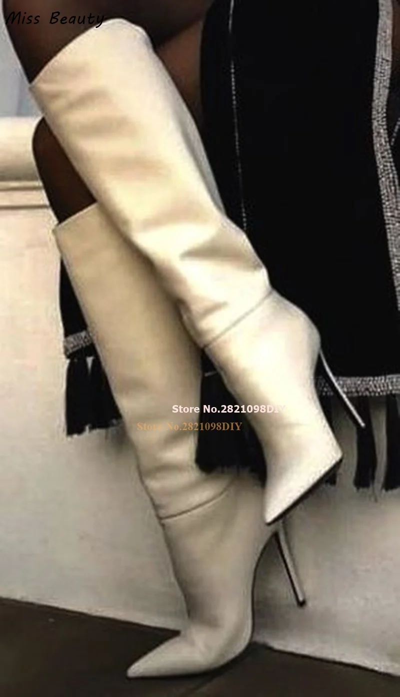 

Concise Designer Mat White Leather Thin High Heel Knee Length Boots Women Stiletto Heeled Pointy Toes Runway Bota