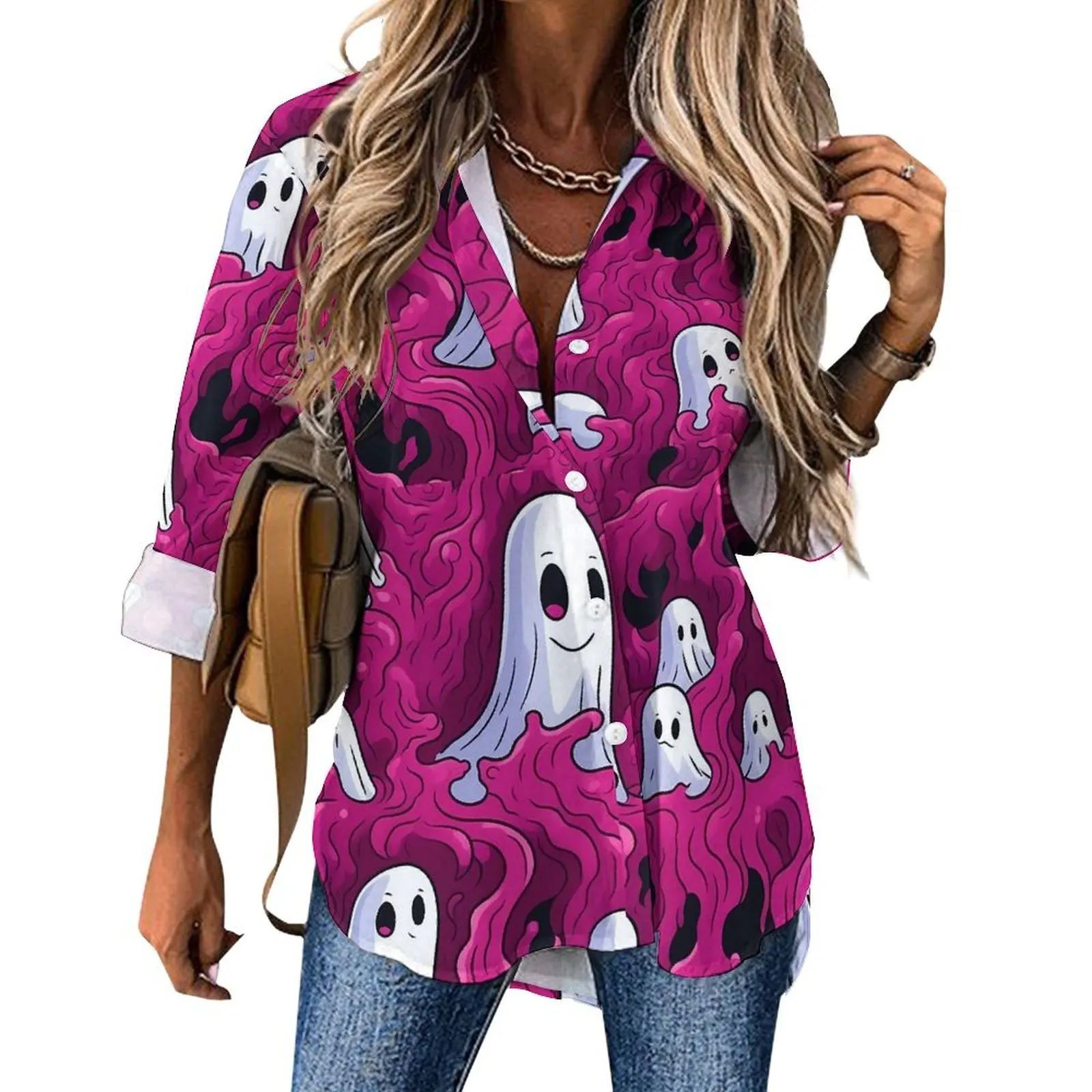 Женская блузка с длинным рукавом и принтом в виде призраков, большого размера
Женская блузка с длинным рукавом и принтом в виде призраков, большого размера