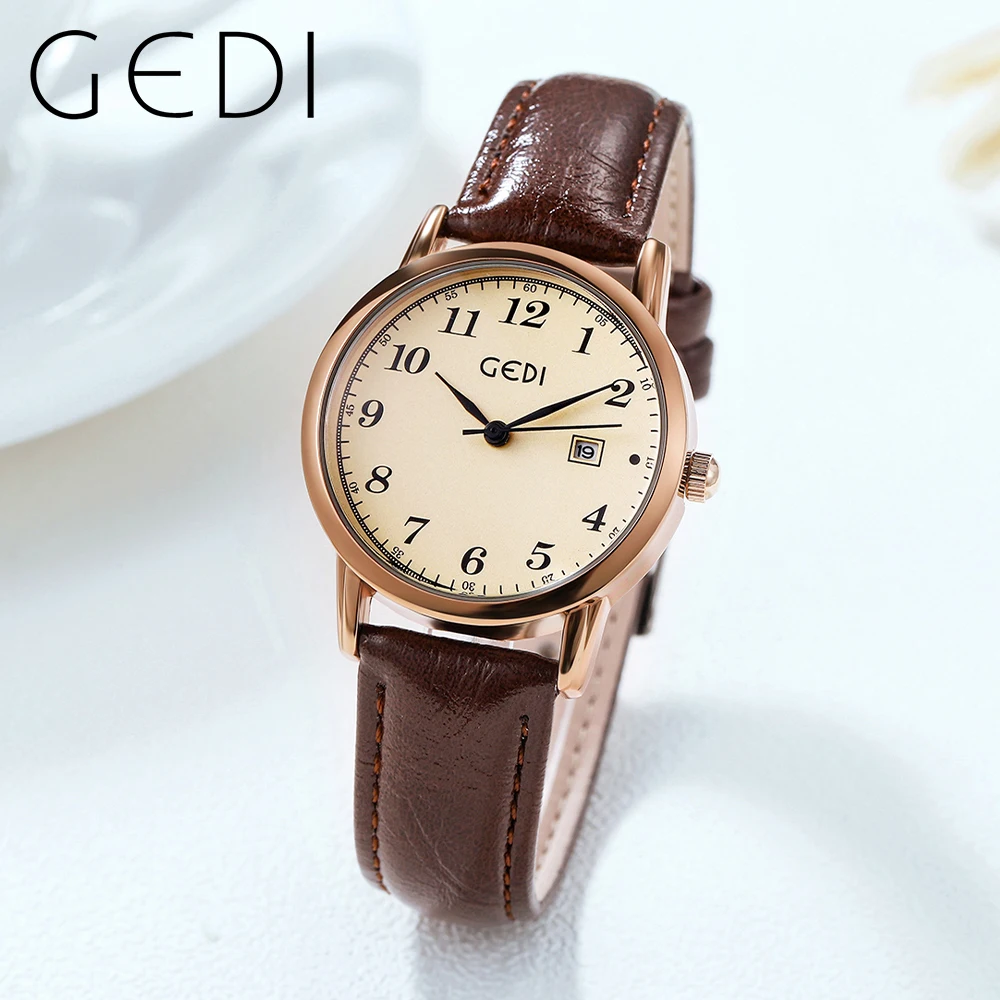 

GEDI Vintage Women Quartz Watches PU Leather Band Date Display Water Resistance Ladies Wristwatch Classic Retro Watch for Women