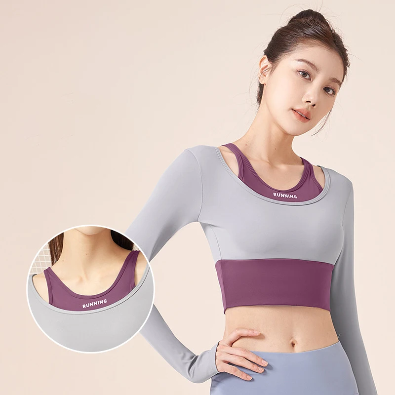 Women's Autumn Quick Dry Yoga Clothing Long Sleeve Color Blocking Fake Two Pieces Free Bra High Elasticity Sports Fitness TOP
Women's Autumn Quick Dry Yoga Clothing Long Sleeve Color Blocking Fake Two Pieces Free Bra High Elasticity Sports Fitness TOP