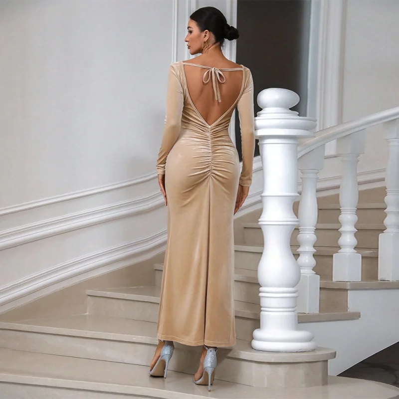 

round Neck Backless Champagne Party Back Lace-up Slim-Fit Sheath Long Dress