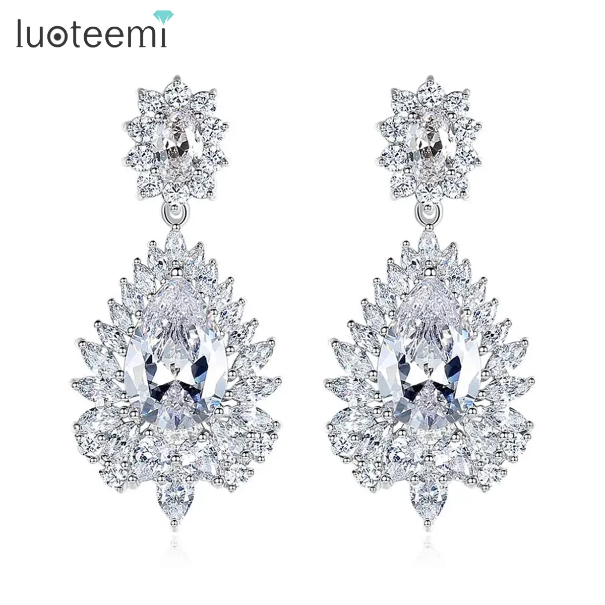 

LUOTEEMI Luxury Bridal Dangle Wedding Jewelry Multi-color AAA Cubic Zirconia Drop Earrings for Women Statement Party Accessories