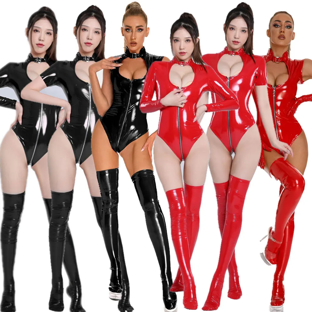 

Sexy Shiny PVC Latex Fetish Erotic Clubwear Catsuit Teddy Lingerie Wetlook Faux Leather Hollow Out Jumpsuit Bodycon Bodysuit