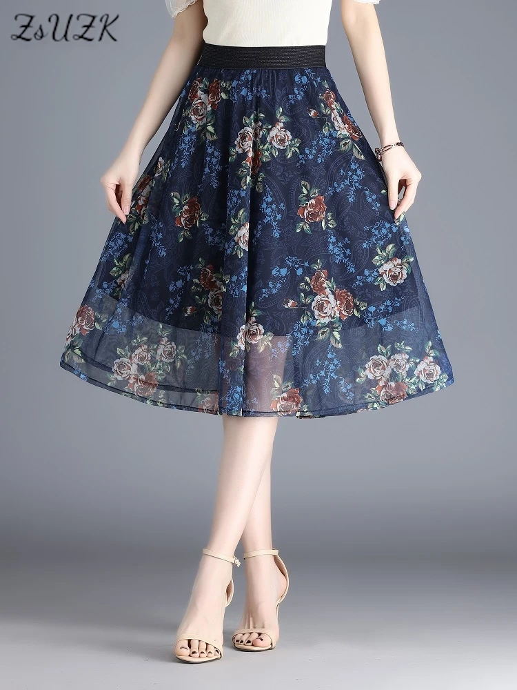 

ZUZK New Fashion Printed Mesh Skirt For Women Summer Elastic Waist Pleated A-Line Skirt Korea Style Female Jupe 7Colors