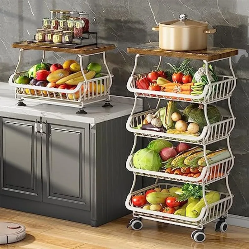 

SAYZH Fruit Basket for Kitchen with Wood Top 5 Tier, Stackable Fruit and Vegetable Storage Cart, Wire Storage Basket with Wheels