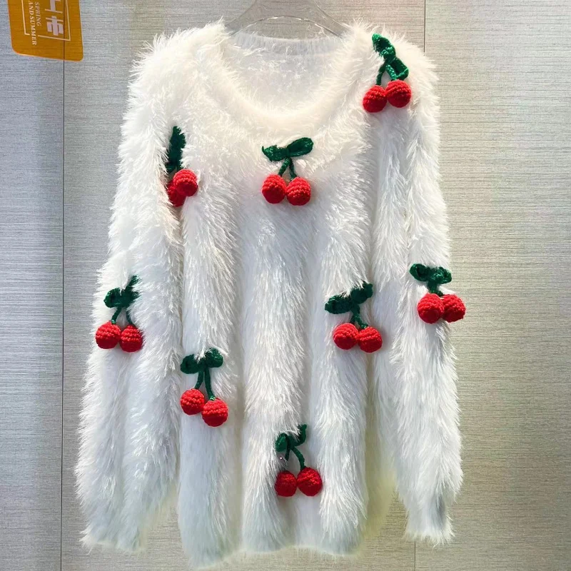 Белый пушистый мохеровый свитер с объемными вишнями, рубашки, вязаные пуловеры с V-образным вырезом, плотный норковый кашемировый вязаный джемпер, топы с круглым вырезом 
Белый пушистый мохеровый свитер с объемными вишнями, рубашки, вязаные пуловеры с V-образным вырезом, плотный норковый кашемировый вязаный джемпер, топы с круглым вырезом